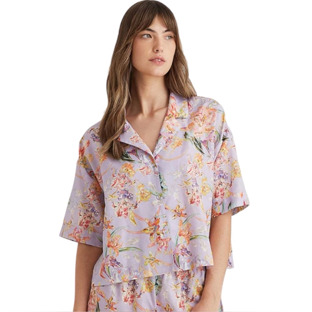 Papinelle Bailey Luxe PJ Pajama Top in Purple Floral Size Small Short Sleeve